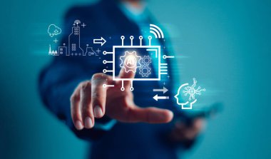 Ai chat, yapay zeka ağı iletişim konsepti. İşadamı akıllı telefon uygulaması, yazılım teknolojisi robotu, iş desteği, sohbet robotu, dijital üretim, veri analiz teknolojisi için web sitesi kullanır
