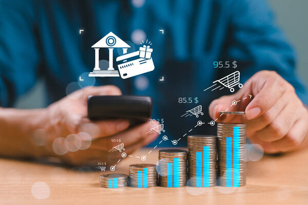 Концепция оплаты онлайн магазина. Технологии цифрового маркетинга розничной торговли. Человек пользуется телефоном в мобильном банкинге, шопинг на стеке монет, продажа, покупка, E-commerce, супермаркет и значок кредитной карты