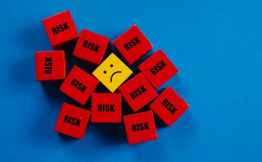 Extreme risk management uncertainty concept, stress and frustration hazard. Too many risk factors assessment. Risky business environment. Unhappy face icon surround with cube with word risk asses