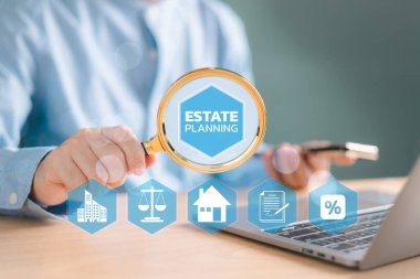 Real estate planning concept. Succession business home insurance service, property law protection. Tax investment, houses distribution. Man use magnifying glass on invest icon, analyzing mortgage loan clipart