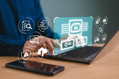 Yapay zeka kavramı. Bilgisayarda büyük veri teknolojisi analisti, iş analizi için akıllı telefon. Veri yönetim sistemi, KPI veritabanı teknolojisi finans, işletim, satış pazarlama