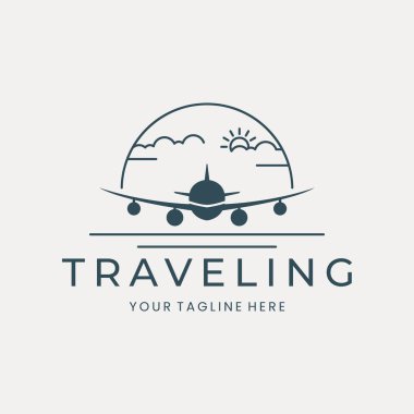 airplane with emblem vintage logo vector, cloud and sun template illustration design. travel icon concept
