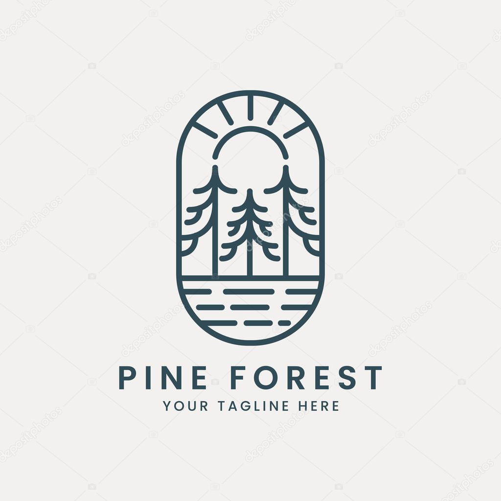Pine tree forest logo line art vector with emblem template illustration design