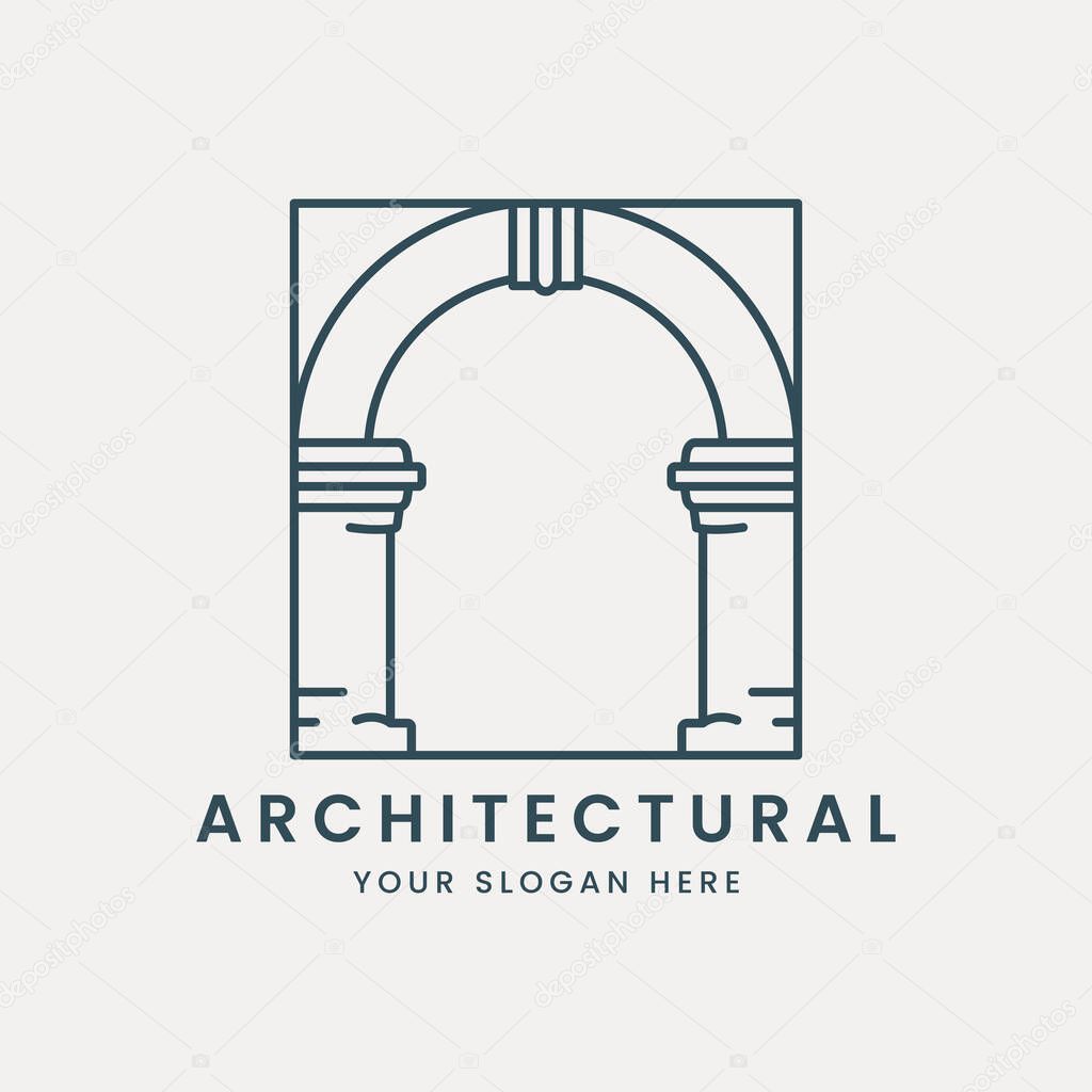 Arch logo line art logo vector with emblem template illustration design. pillar icon design