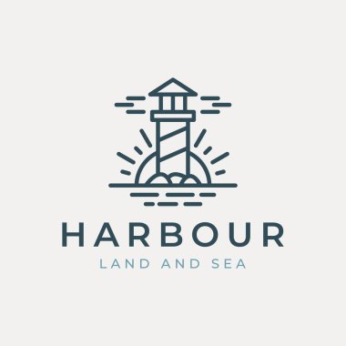 Deniz feneri logo çizgisi güneş, taş ve deniz resimleme şablonu tasarımlı sanat vektörü