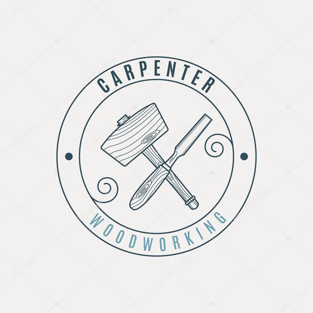 Mallet and chisel line art logo vector with emblem illustration template design for carpentry