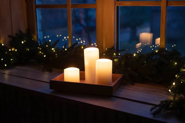 White Burning Candles Windowsill Evening Electricity Fan Power Outages — Stock Photo, Image
