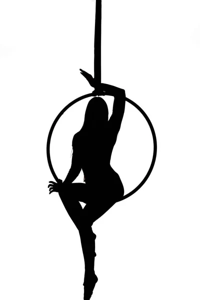 Aerial Dancer Silhouette Woman Girl Performing Hoop Woman Trapeze Artist — Stock Photo, Image