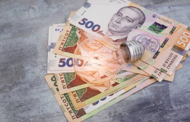 Ukrayna parası hryvniaları ve bir ampul. Ukrayna 'da elektrik fiyatlarının yükselmesi ve bütçe açığı. Elektrik maliyetleri.