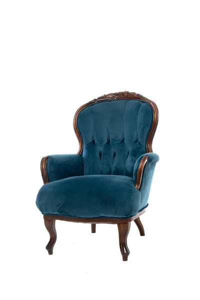 老式天鹅绒扶手椅 有雕刻的褐色木制框架和蓝色纺织品衬垫 白色背景隔离 — 图库照片