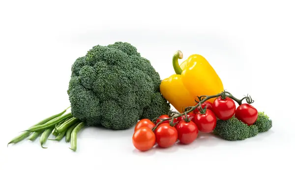Composition Vegetables White Background Broccoli Green Pickle Pepper Cherry Tomatoes Royalty Free Stock Photos