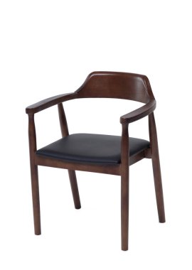 Beyaz arka planda tek siyah ahşap sandalye. Ceviz ağacı ve deriden yapılmış modern bir yemek sandalyesi. 