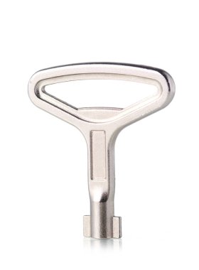 Beyaz arka planda izole edilmiş gümüş metalik anahtar ve tabanında bir yansıma var. Elektrik dolapları için anahtar. 