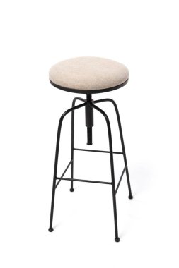 Siyah metal çerçeveli, ayarlanabilir yüksekliğe sahip bej kaplamalı basit bir tabure. 