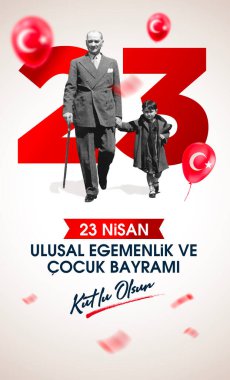 23 Nisan Ulusal Egemenlik ve Cocuk Bayrami Kutlu Olsun. Kutlama Tebrik Karti. Tercümesi: 23 Nisan, Ulusal Egemenlik ve Çocuklar Günü Türkiye kutlama kartı. vektör illüstrasyonu.