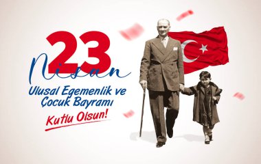 23 Nisan Ulusal Egemenlik ve Cocuk Bayrami Kutlu Olsun. Kutlama Tebrik Karti. Tercümesi: 23 Nisan, Ulusal Egemenlik ve Çocuklar Günü Türkiye kutlama kartı. vektör illüstrasyonu.