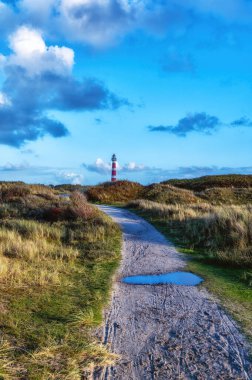 Hollanda, Ameland 'daki deniz fenerine giden yol kum tepelerinden geçiyor.