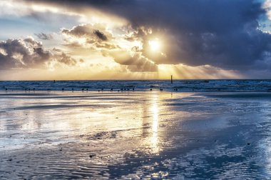 Hollanda 'daki Ameland Adası plajında gün batımı