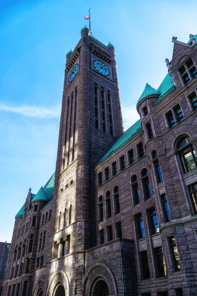 The Municipal Building, which houses both the Minneapolis City Hall and the Hennepin County Courthouse. The building is built in the Richardsonian Romanesque style