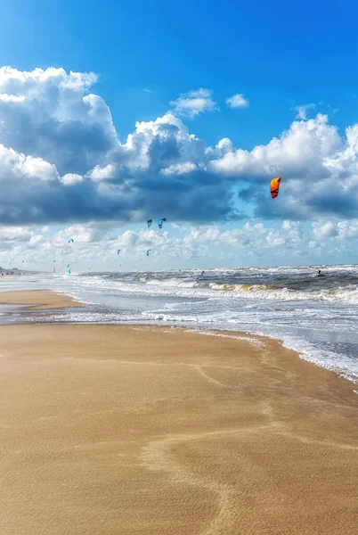 荷兰赞德沃特岛北海水面上的风筝冲浪者 — 图库照片