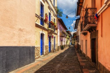 Beautiful street view of the famous Calle de la Ronda in the historical center in Quito