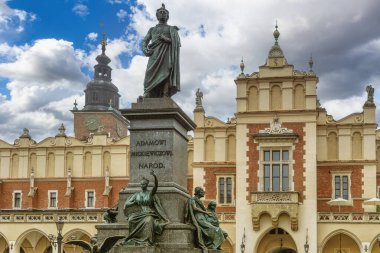 Cloth Hall building (Sukiennice), with the Adam Mickiewicz statue (statue of a famous Polish writer) visible in the front.