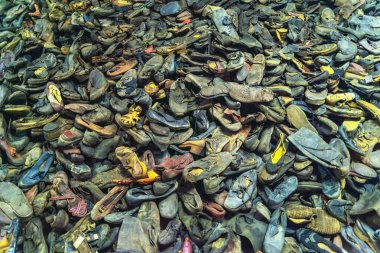 Oswiecim, Poland- 15 August 2022: Pile of shoes belonging to prisoners at Auschwitz WWII Nazi concentration camp, Poland