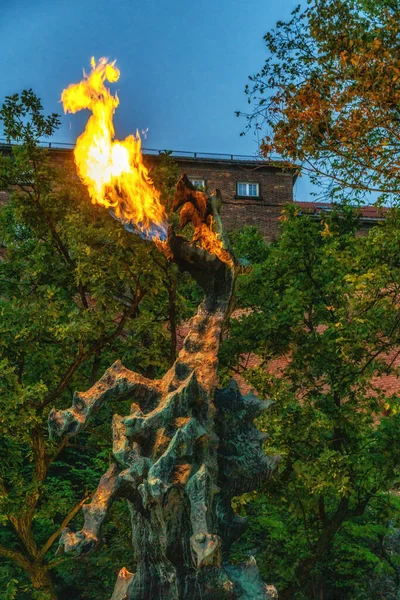Dragon of Wawel Hill breathing fire, Krakow, Poland.