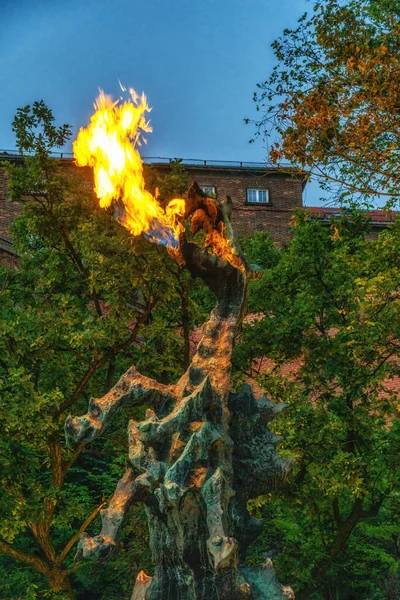 Dragon of Wawel Hill breathing fire, Krakow, Poland.