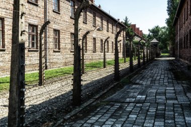 Oswiecim, Poland- 15 August 2022: Electric fence with barbed wire and brick prison buildings at the Auschwitz-Birkenau concentration camp in Owiciem, Poland. Europe.