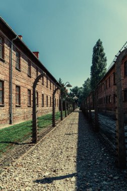Oswiecim, Poland- 15 August 2022: Electric fence with barbed wire and brick prison buildings at the Auschwitz-Birkenau concentration camp in Owiecim, Poland. Europe.