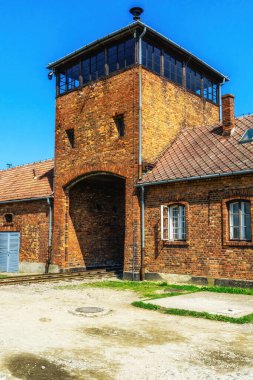 Main gate to concentration camp in Oswiecim-Brzezinka, Auschwitz-Birkenau, Poland.