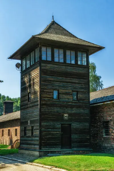 Oswiecim, Poland- 15 August 2022: guard post in the middle of a concentration camp. Auschwitz concentration camp