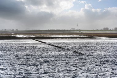 Alçak gelgit sularındaki deniz manzarası Waddenzee, Friesland, Hollanda
