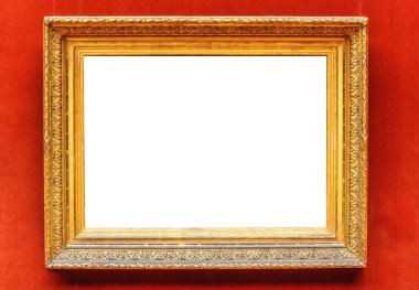 Müze ya da müze sergisindeki kraliyet kırmızı duvarındaki antika sanat galerisi çerçevesi, boş beyaz kopyalama alanı, tasarım, sanat konsepti