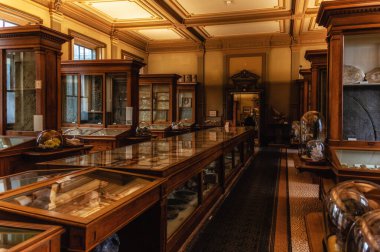 Haarlem, Hollanda - 11 Şubat 2023: Haarlem 'deki ünlü Teylers Müzesi, dünyada 18. yüzyıldan kalma otantik bir binası ve iç mimarisi olan tek müzedir.