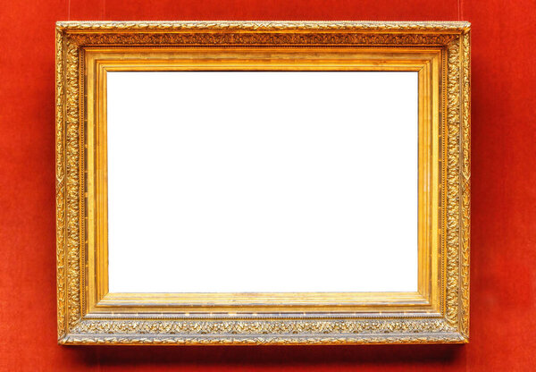 Antique art fair gallery frame on royal Red wall at auction house or museum exhibition, blank template with empty white copyspace for mockup design, artwork concept