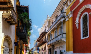 View of a beautiful colonial street in Cartagena, Colombia clipart