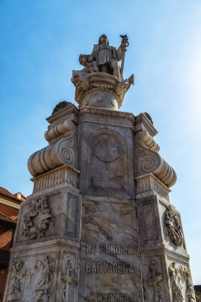 Statue of Christopher Columbus in marble, erected in 1894, in the Plaza de la Aduana in the Historic centre of Cartagena in Colombia
