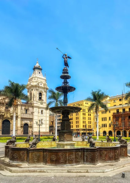Bronzen Fontein Kathedraal Plaza Armas Lima — Stockfoto