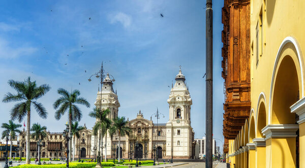 View over the Plaza Mayor or Plaza de Armas in the historic and Spanish colonial city center of Lima, Peru.