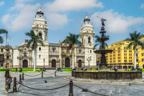 stock image Main Square or Plaza Mayor or Plaza de Armas of Lima in the Historic Center of town, surrounded by colonial buildings.