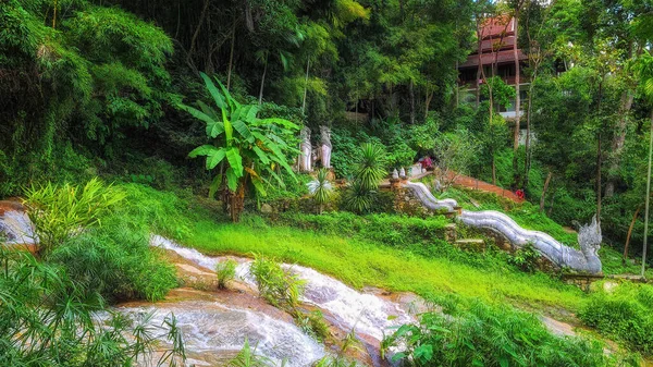 チェンマイのワット サキタカとも呼ばれるワット ラットの敷地内にある熱帯雨林の川にかかる歩道橋につながるドラゴンをテーマにした階段 — ストック写真