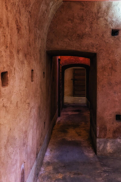 Interior corridors of El Badi Palace in Marrakech, Morocco.