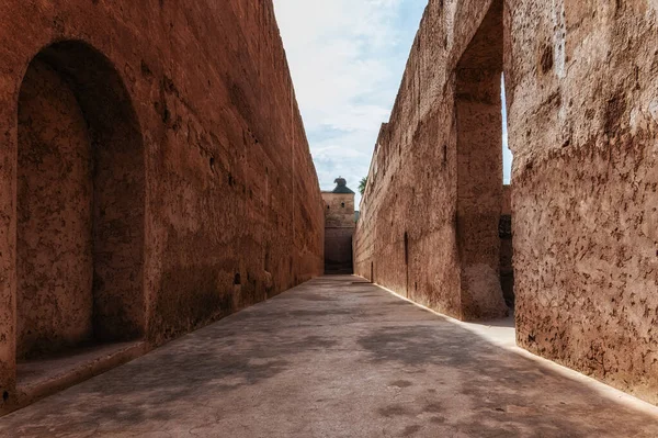 stock image The ancient walls of El Badi Palace or Badi' Palace which is a ruined palace located in Marrakesh, Morocco. It was founded by the sultan Ahmad al-Mansur of the Saadian dynasty in 1578.