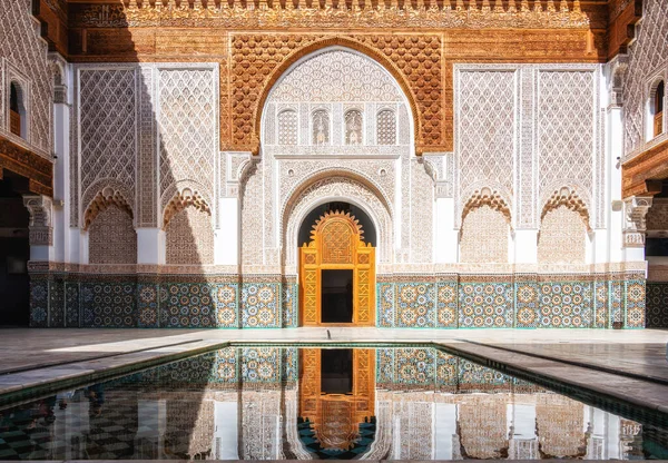 stock image Courtyard of the beautifully restored Ben Youssef Medersa. It is the largest theological school in Morocco. Marrakech