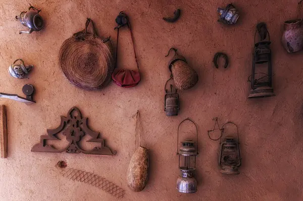 Lantern Other Traditional Implements Front Sunlit Mud Wall Kasbah Ait — Stock Photo, Image