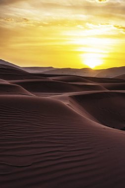 Çöldeki kum tepelerinin üzerinde gün batımı. Sahra Çölü 'nün ıssız manzarası