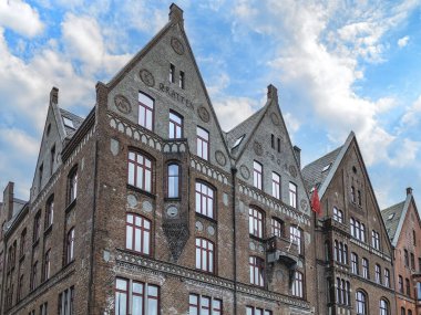 Kuzey Avrupa 'nın 14. yüzyıldaki en büyük ticari limanı Bryggen' deki eski Hanseatic binalarının cepheleri, UNESCO, Bergen, Hordaland, Norveç
