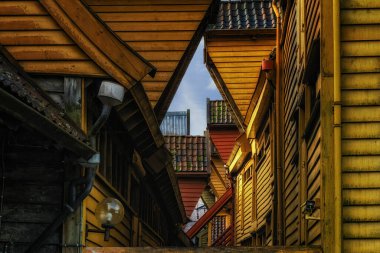 Bergen, Norveç ünlü bryggen. renkli ahşap evler. UNESCO Dünya Mirası.